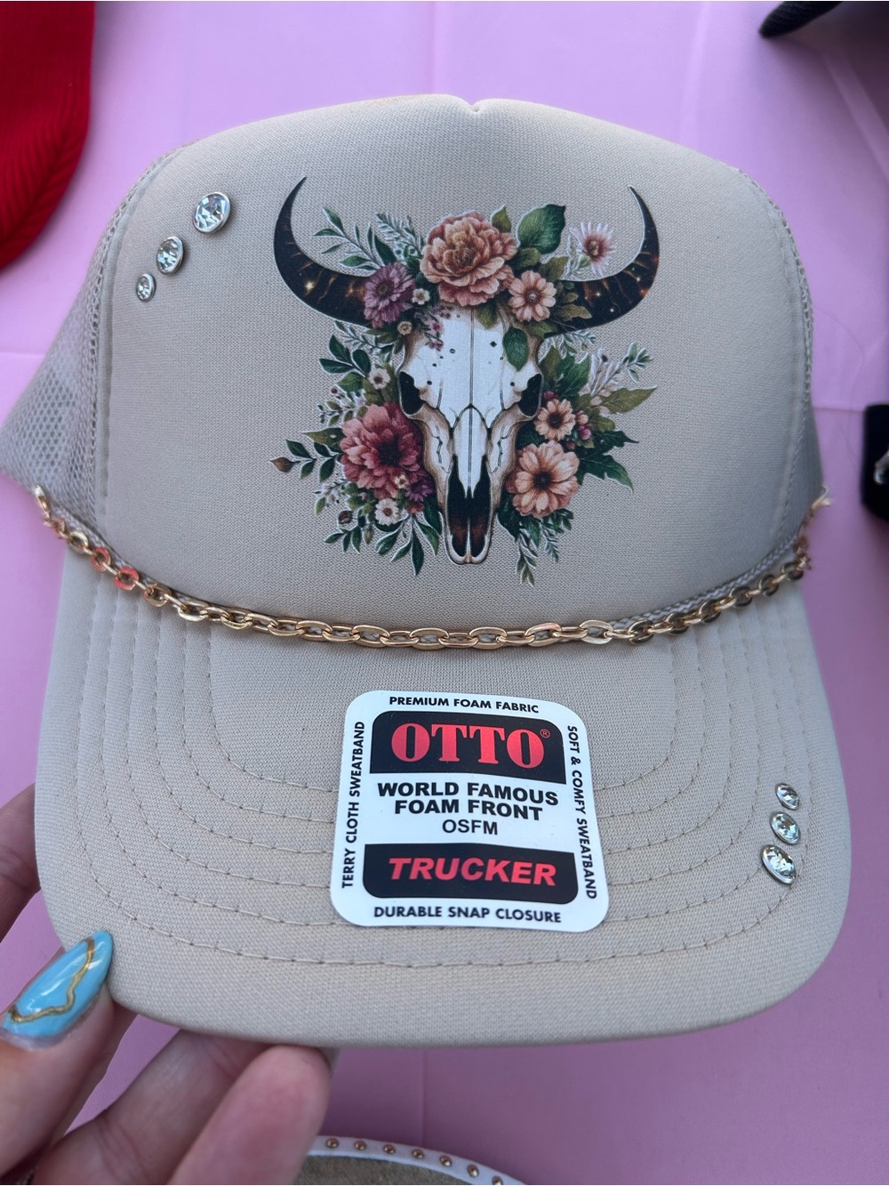 Beige Trucker Hat with Floral Bull Skull and Gold Chain